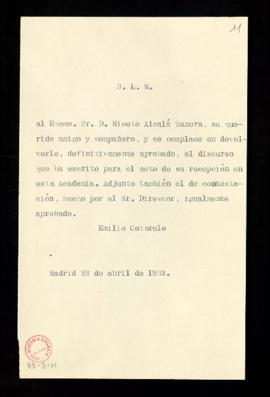 Copia sin firma del besalamano de Emilio Cotarelo con el que devuelve a Niceto Alcalá Zamora su d...