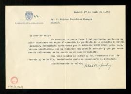 Carta de Blas Pérez González, ministro de la Gobernación, a Melchor Fernández Almagro en la que l...