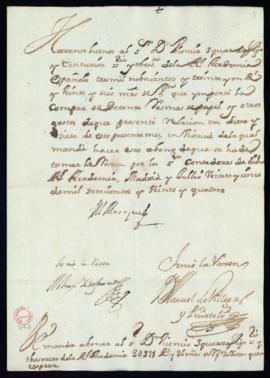 Orden del marqués de Villena de abono a Vincencio Squarzafigo de la cantidad de 30931 reales y 26...