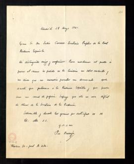 Carta de Pío Baroja a Julio Casares en la que le pide un documento que acredite que pertenece a l...