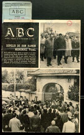 Recorte del diario ABC con la portada Sepelio de don Ramón Menéndez Pidal