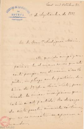 Carta de Antonio Aguilar y Cano a Francisco Rodríguez Marín con la que le adjunta un pliego con l...