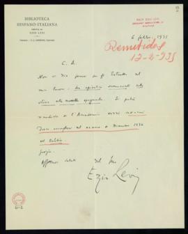 Carta de Ezio Levi en la que pide diez ejemplares del número de diciembre de 1934 del Boletín