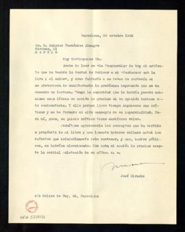 Carta de José Miracle a Melchor Fernández Almagro en la que le agradece el artículo que ha public...