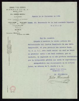 Carta de pésame de Félix Hernando, presidente de la Librería y Casa Editorial Hernando S.A. por e...