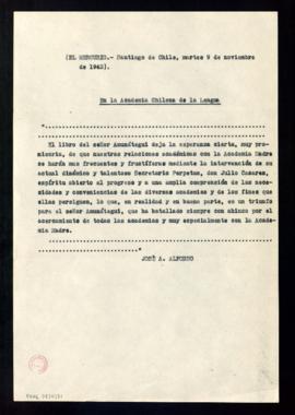 Transcripción del texto del artículo titulado En la Academia Chilena de la Lengua, por José A. Al...