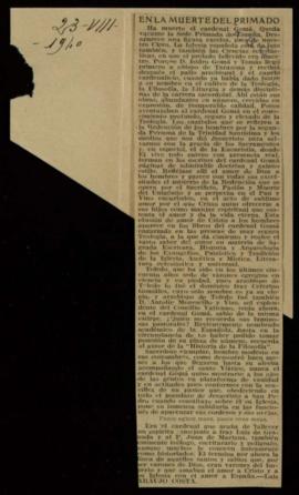 Recorte del diario ABC con una necrología del cardenal primado, Isidro Gomá, de la autoría de Lui...