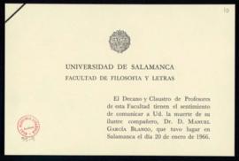 Tarjeta del decano y el claustro de profesores de la Facultad de Filosofía y Letras de la Univers...