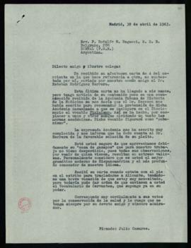 Copia de la carta de Julio Casares a Rodolfo M. Ragucci en la que le comunica que la carta de Est...