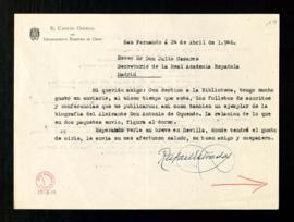 Carta de Rafael Estrada a Julio Casares en la que informa del envío para la biblioteca de los fol...