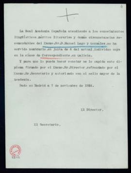 Minuta del diploma de Manuel Lago y González de académico correspondiente en Galicia