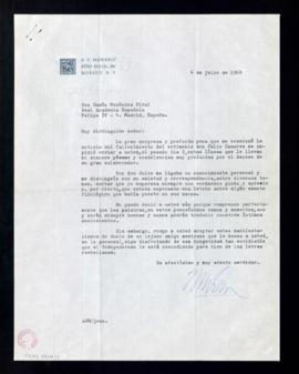 Carta de pésame de  A. J. Moreno a Ramón Menéndez Pidal por el fallecimiento de Julio Casares, qu...