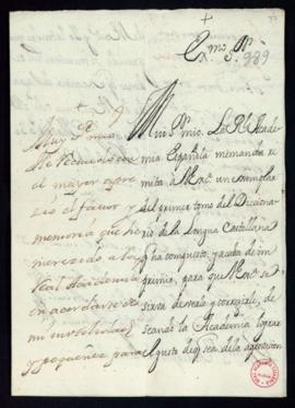 Carta de Vincencio Squarzafigo al marqués de Grimaldo con la que le remite el primer tomo del Dic...