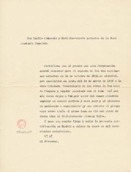 Copia sin firma de la certificación de Emilio Cotarelo y Mori, secretario, de la adjudicación a B...