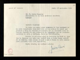 Carta de José María Pemán a Julio Casares para informarle que ha recibido la citación para la vot...