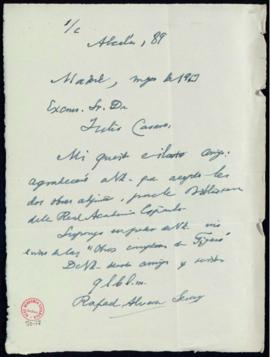 Carta de Rafael Álvarez Sereix a Julio Casares con la que envía dos obras para la biblioteca