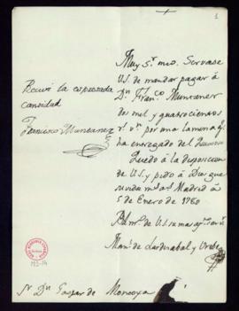 Orden de Manuel de Lardizábal del pago a Francisco Muntaner de 2400 reales de vellón por una lámi...