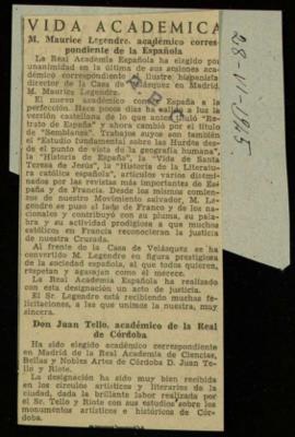 Recorte del diario ABC con la noticia M. Maurice Legendre, académico correspondiente de la Española