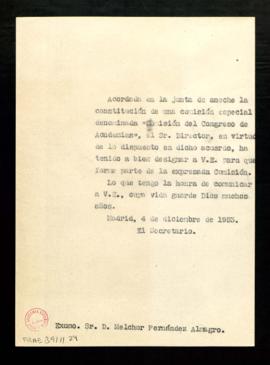 Copia del oficio del secretario [Julio Casares] a Melchor Fernández Almagro en el que le traslada...