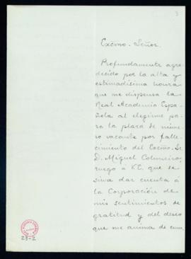 Carta de José M[arí]a Asensio al secretario [Mariano Catalina] de agradecimiento a la Academia po...