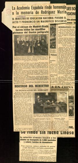 Recorte de prensa del diario Pueblo con la noticia La Academia Española rinde homenaje a la memor...