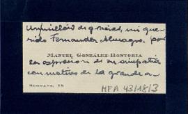 Tarjeta de Manuel González-Hontoria a Melchor Fernández Almagro de agradecimiento del pésame reci...