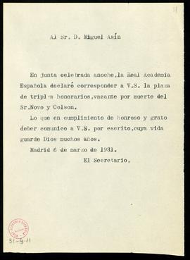 Copia sin firma del oficio del secretario a Miguel Asín de traslado del acuerdo de la junta de co...