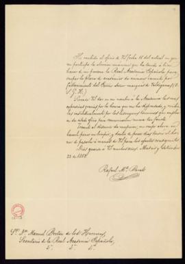 Carta de Rafael M.ª Baralt a Manuel Bretón de los Herreros en la que agradece a la Academia su no...