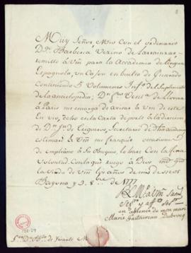 Carta de María Pastoureau Dubrocq a Bernardo de Iriarte en la que le da cuenta del envío a la Aca...