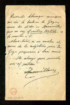 Carta de [Nicolás] Tomillares a Melchor Fernández Almagro con la que le remite la butaca la Goya