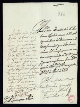 Carta de Vincencio Squarzafigo a Jerónimo Pardo con la que le remite el segundo tomo del Dicciona...