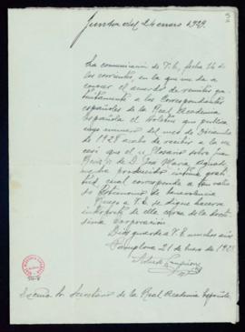 Carta de Arturo Campión a Emilio Cotarelo en la que acusa recibo de su comunicación del envío a l...