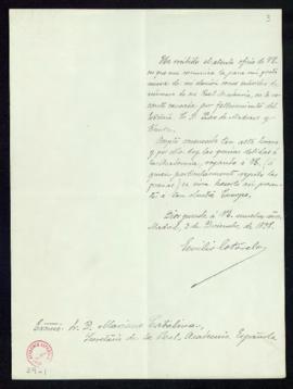 Carta de Emilio Cotarelo y Mori al secretario, Mariano Catalina, en la que acusa recibo de su ele...