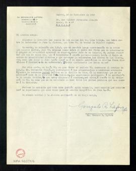 Carta de Gonzalo R. Lafora a Melchor Fernández Almagro con la que le devuelve las cartas del Dr. ...