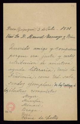 Carta de L[eopoldo] A[ugusto] de Cueto al secretario, Manuel Tamayo y Baus, con la que adjunta un...