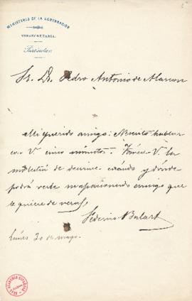 Carta de Federico Balart a Pedro Antonio de Alarcón en la que le solicita hora y lugar para verse