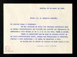 Minuta de la carta de Julio Casares a Gregorio Marañón con motivo del retraso en recibir su traba...