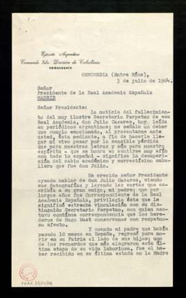 Carta de Gustavo Martínez Zuviría, general de brigada del ejército argentino, al presidente de la...