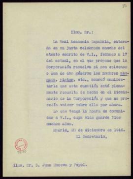 Copia sin firma del oficio del secretario [Julio Casares] a Juan Moneva de traslado del acuerdo d...