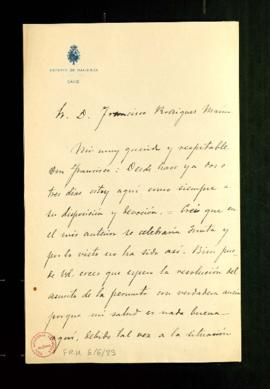 Carta de Antonio Alcalá Venceslada a Francisco Rodríguez Marín en la que le manifiesta su ansieda...