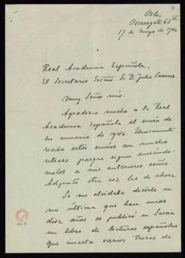 Carta de Magnus Grönvold a Julio Casares en la que acusa recibo del Anuario de 1946 y en la que l...
