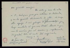 Carta de Juan Moneva y Puyol a Julio Casares en la que le pide que le envíe más pliegos de su Par...