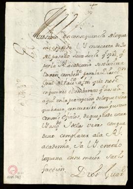 Carta del marqués de Torrenueva a Vincencio Squarzafigo en la que le indica que siempre que la Ac...