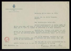 Carta de Francisco Almela y Vives a Julio Casares en la que acusa recibo de su carta y de los núm...