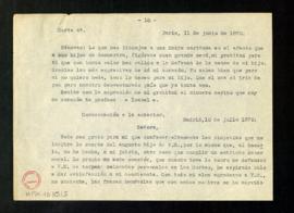 Copia de la carta de Isabel [II] a Antonio Cánovas del Castillo en la que expresa su agradecimien...