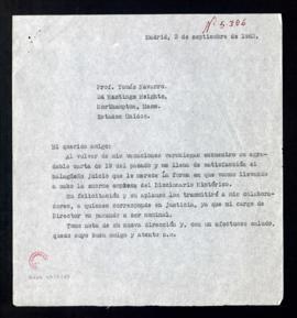 Copia sin firma de la carta [de Julio Casares] a Tomás Navarro en la que le agradece el halagüeño...