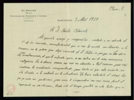 Carta de Antonio Rubió y Lluch a Emilio Cotarelo en la que le manifiesta que ha creído que sucedí...