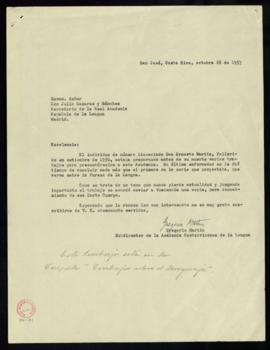 Carta de Gregorio Martín, subdirector de la Academia Costarricense, a Julio Casares, secretario, ...