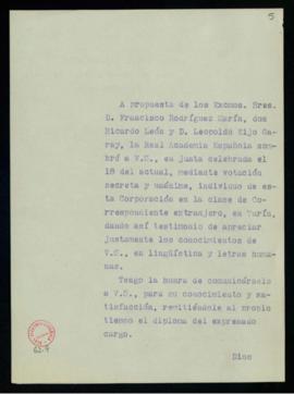Copia sin firma del oficio del secretario a Lucio Ambruzzi de traslado de su nombramiento como ac...