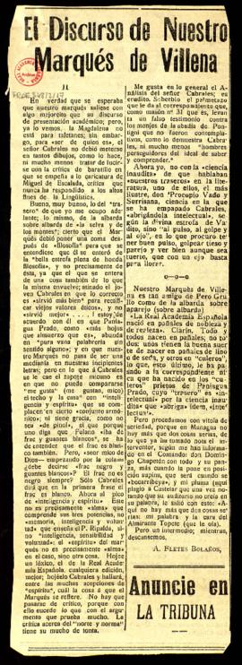 Recorte de prensa con el artículo de A. Fletes Bolaño titulado El discurso de nuestro marqués de ...